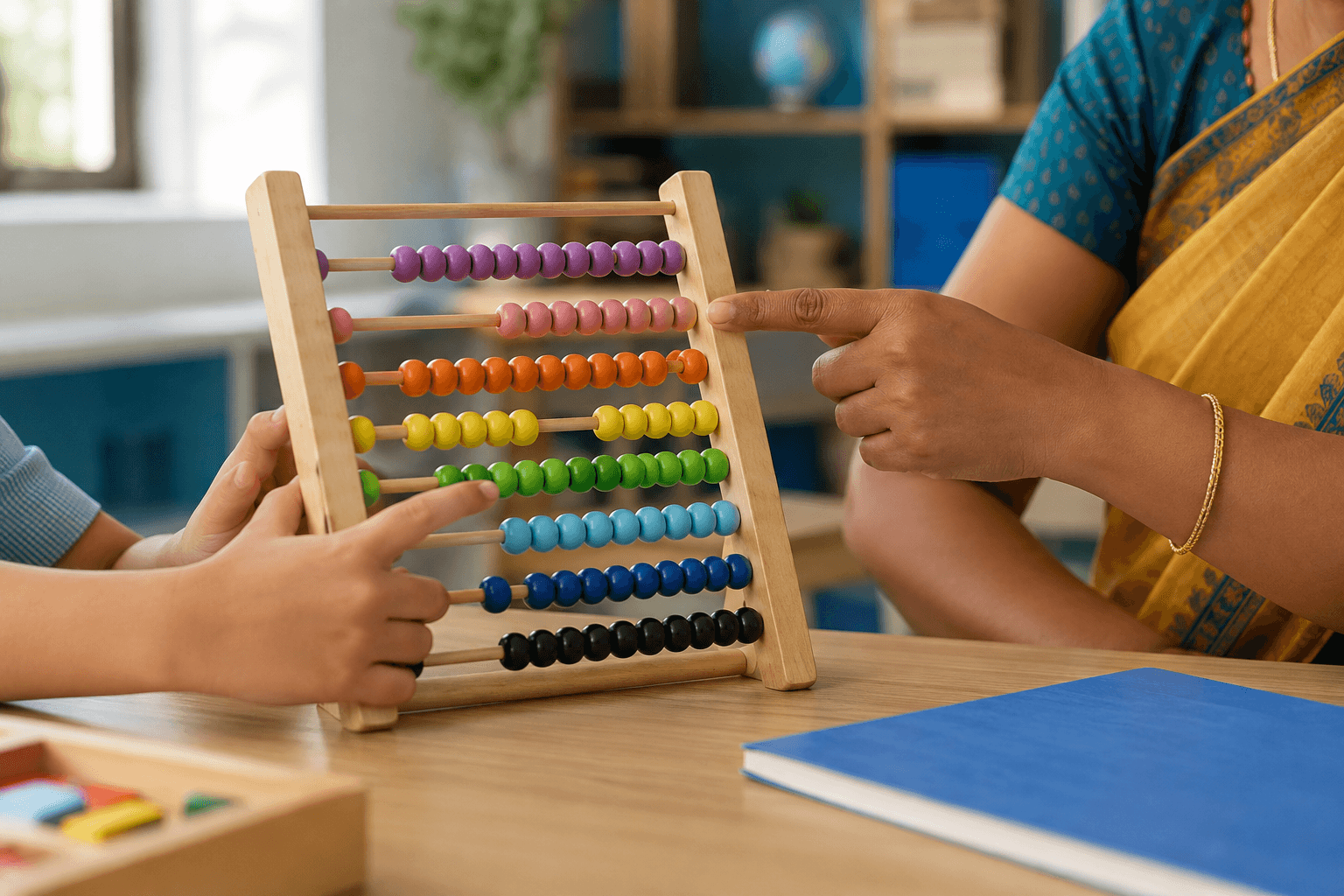 Trainer showing correct bead movement on a physical abacus